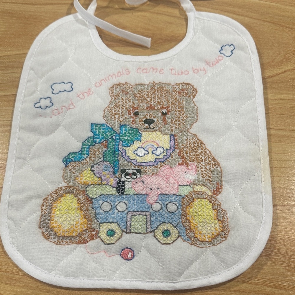 Embroidered Bear Baby Bib - White and Multicolor